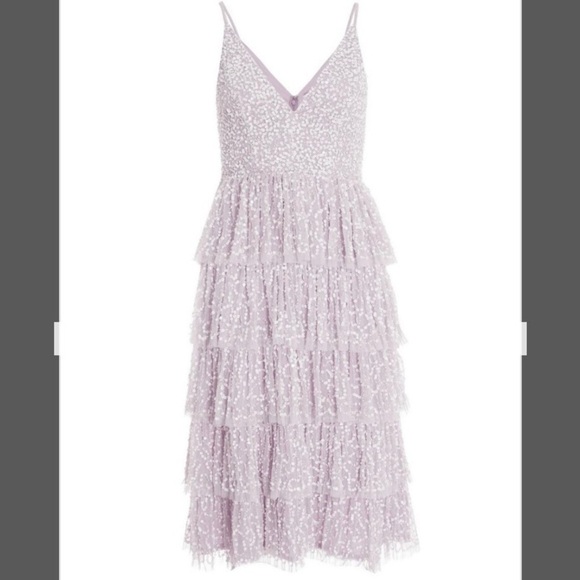 Quiz Lilac Sequin Strap V-neck Tiered Midi Dress in Purple - Picture 2 of 7
